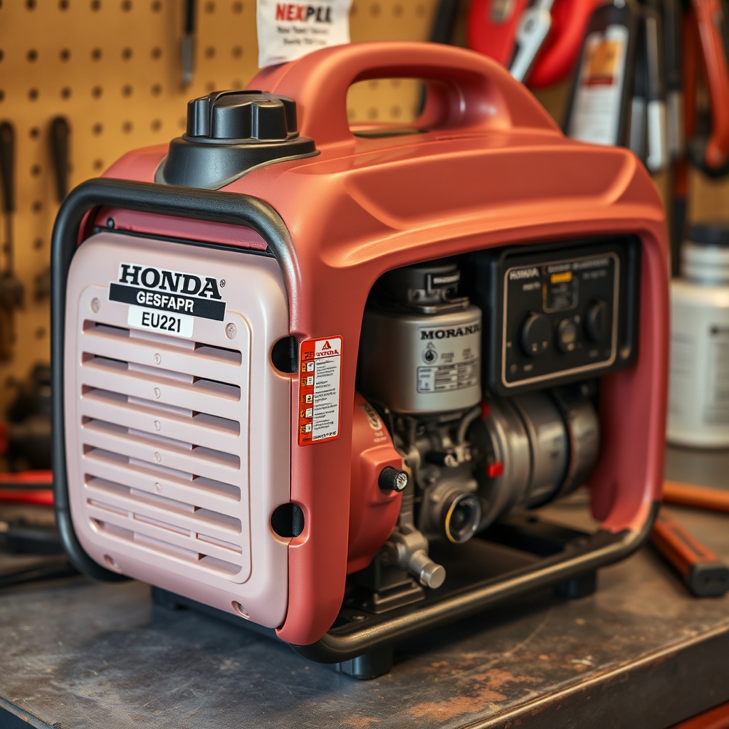A clean photorealistic photo of a Honda EU22i generator with its side panel removed