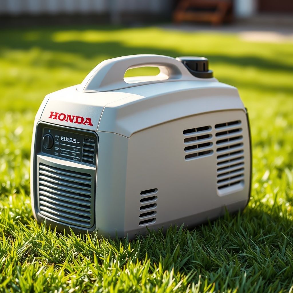A clean photorealistic shot of a Honda EU22i generator resting on a grassy lawn in dayligh