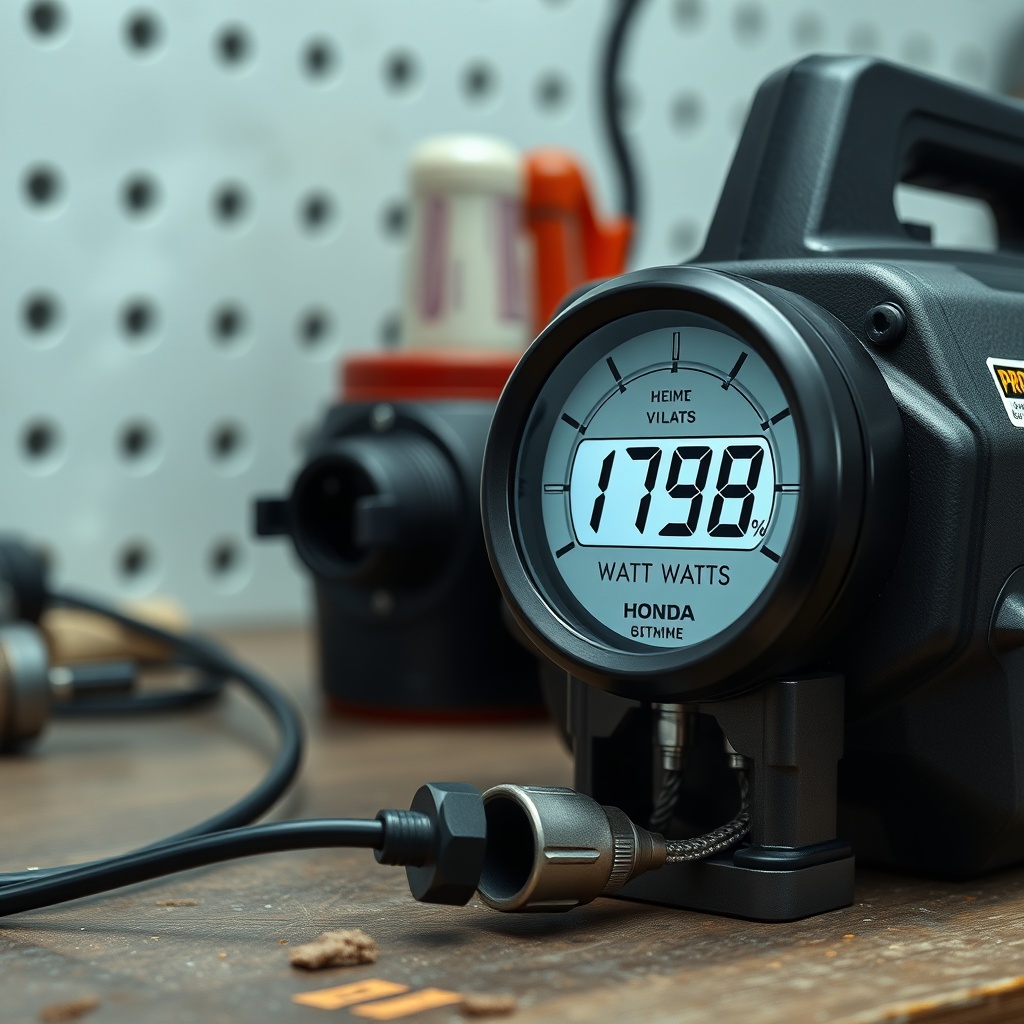 A realistic photo of a wattmeter showing 1798 watts real-time reading connected to a Honda