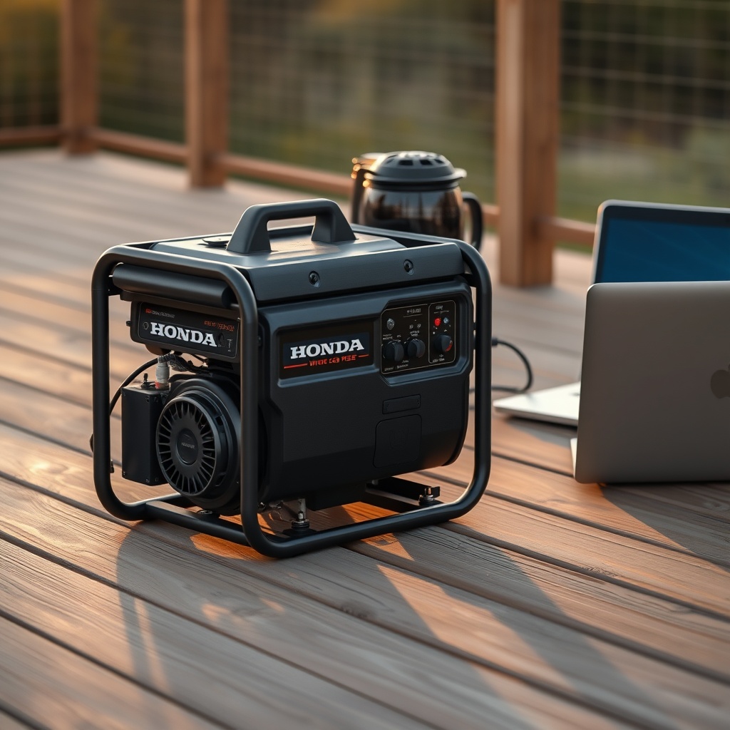 A photorealistic photo of a Honda EU22i generator placed on a wooden deck