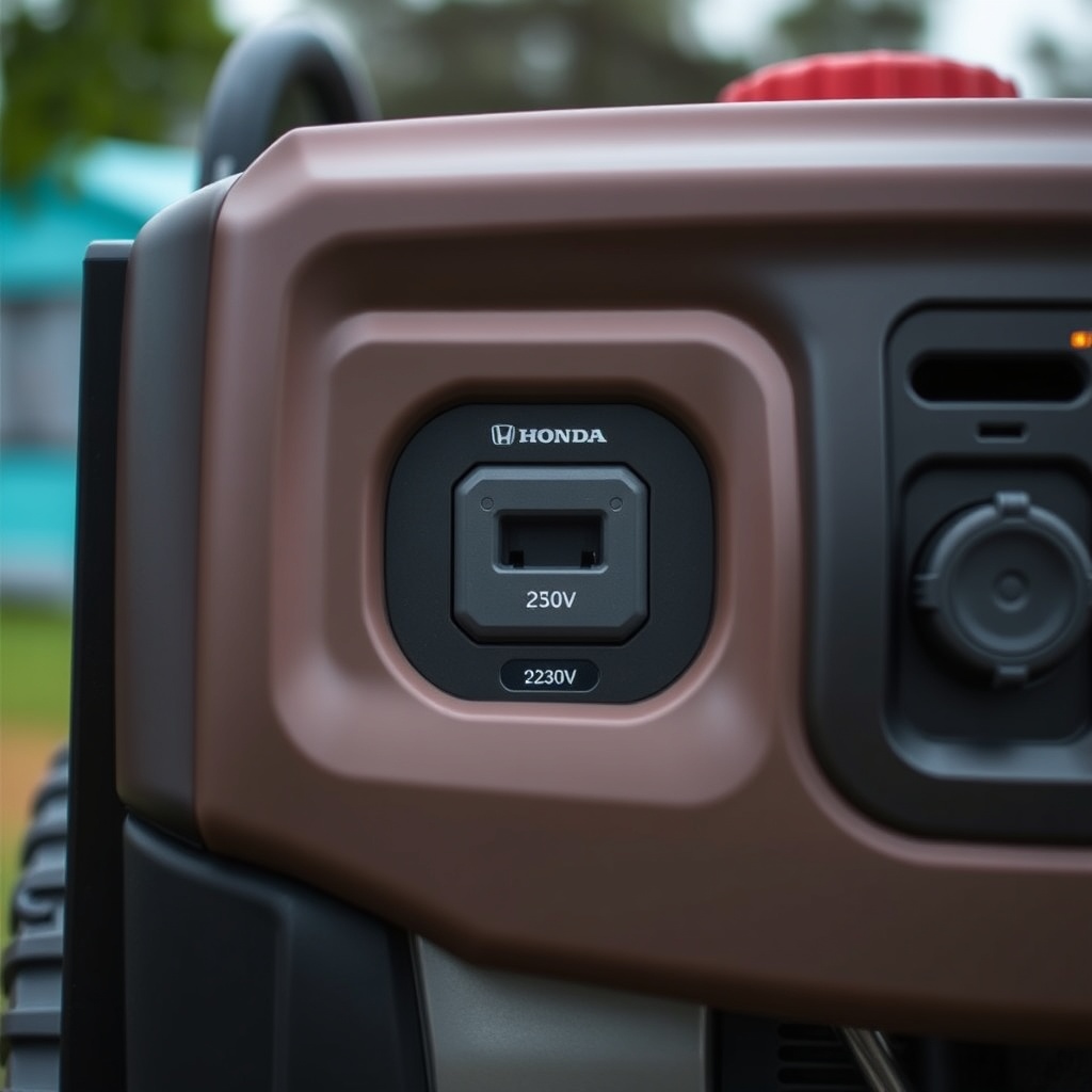 A photorealistic close-up shot of a Honda EU22i generator's control panel