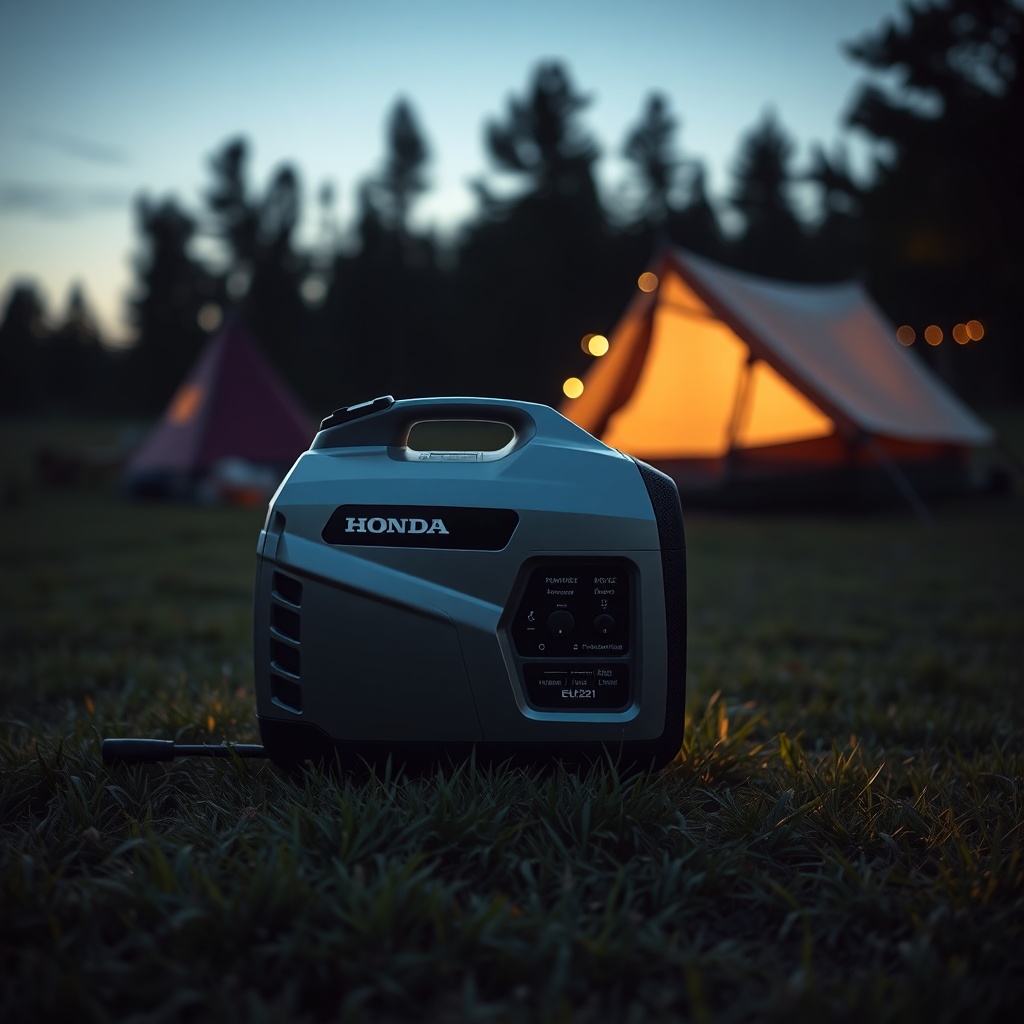 <a quiet campsite at dusk; a silver Honda EU22i generator running on grass