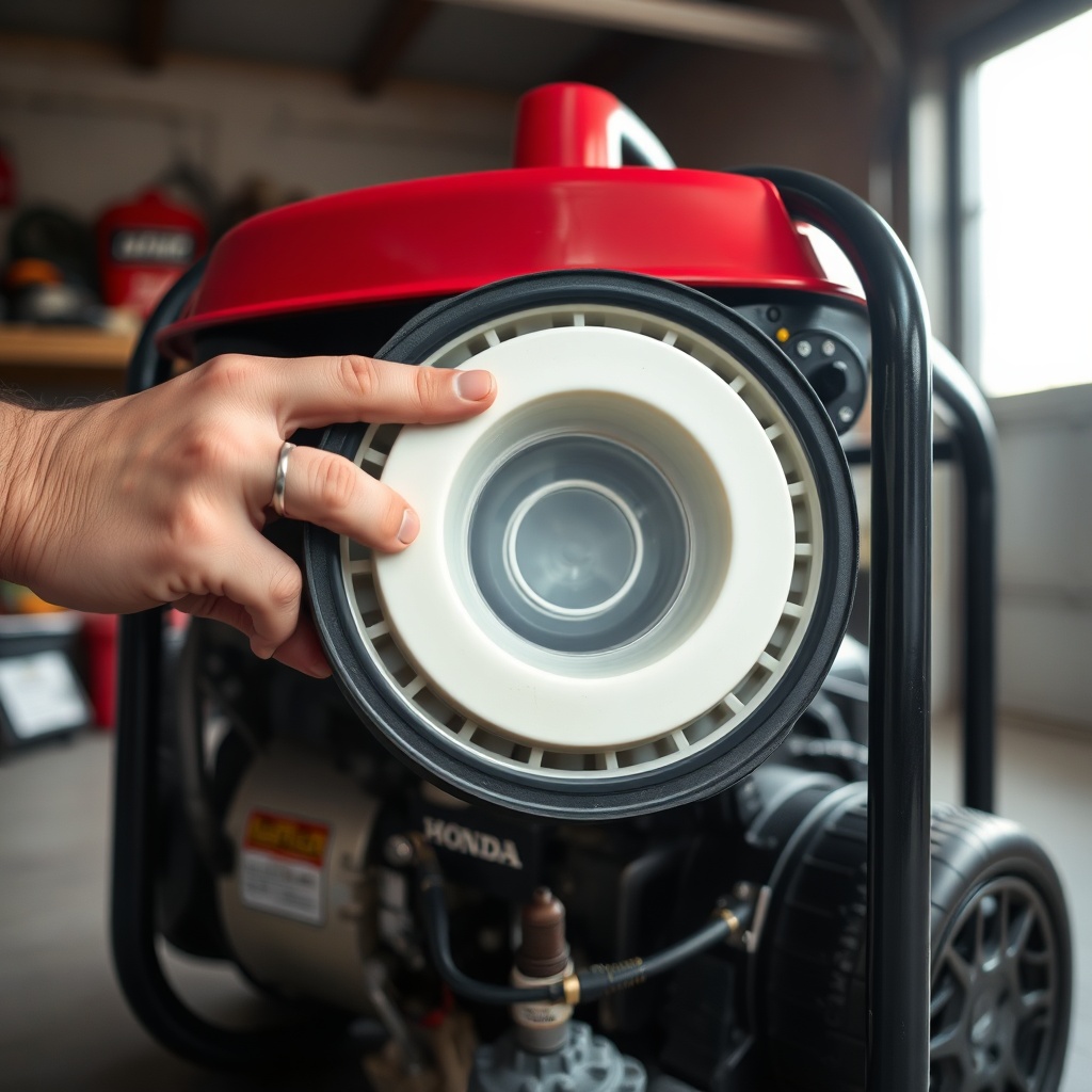 <clean photorealistic photo of a person inspecting a Honda EU22i generator's air filter an