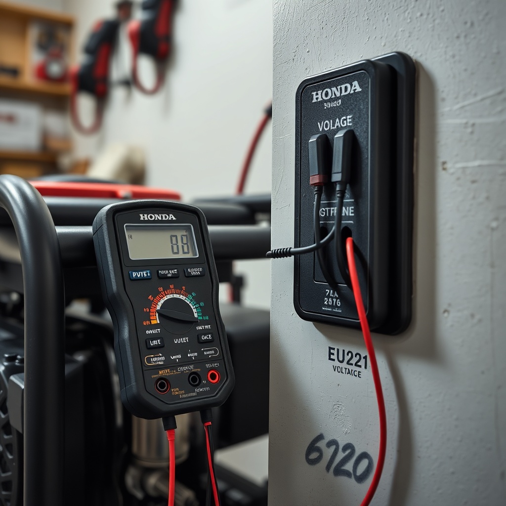 <clean photorealistic photo of a multimeter measuring voltage on a Honda EU22i generator o