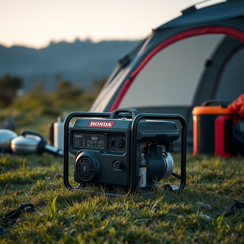Photorealistic wide shot of a Honda EU22i generator placed on a grassy campsite