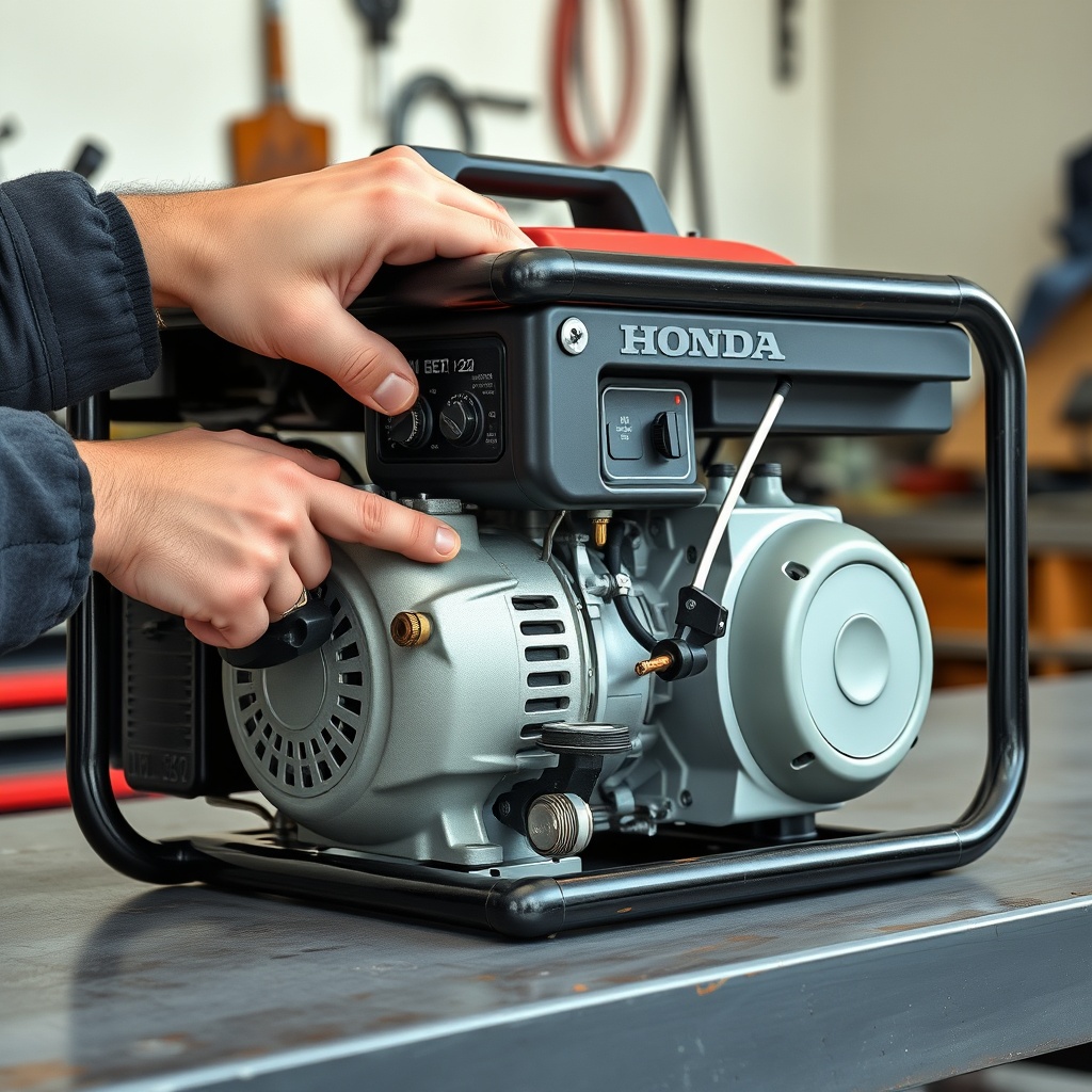 A clean photorealistic photo of a Honda EU22i generator on a workbench