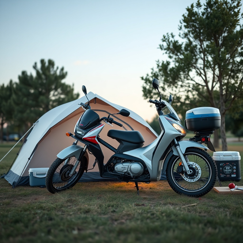 <clean photorealistic photo of Honda EU22i set up in a campsite with a small tent and cool