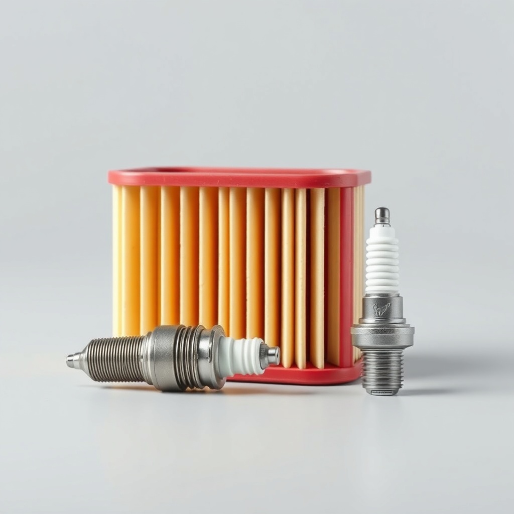 <clean photorealistic photo of a clean air filter and spark plug alongside Honda EU22i