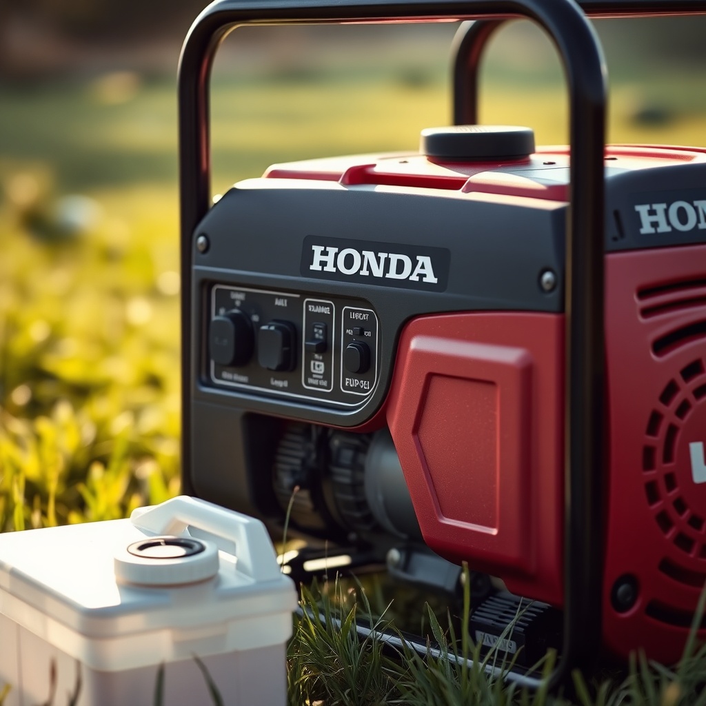 A photorealistic close-up shot of a Honda EU22i generator running on a grassy field