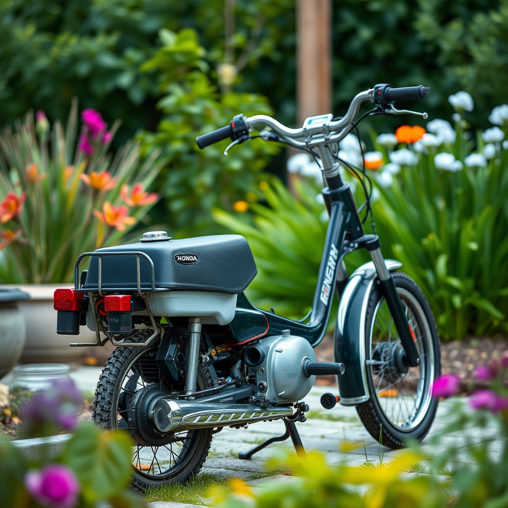 <A photorealistic photo of a Honda EU22i jeneratör in a garden setting