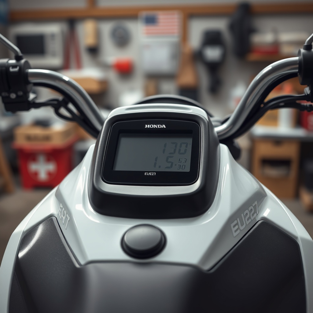 <A photorealistic close-up photo of the Honda EU22i's fuel tank cap and control panel area