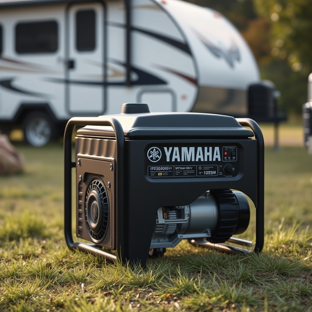 A Yamaha EF2000iSv2 generator running on a grassy campsite