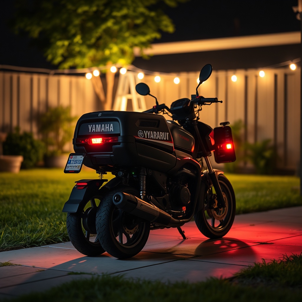 <clean photorealistic photo of Yamaha EF2000iSv2 running in a backyard at night with LED l