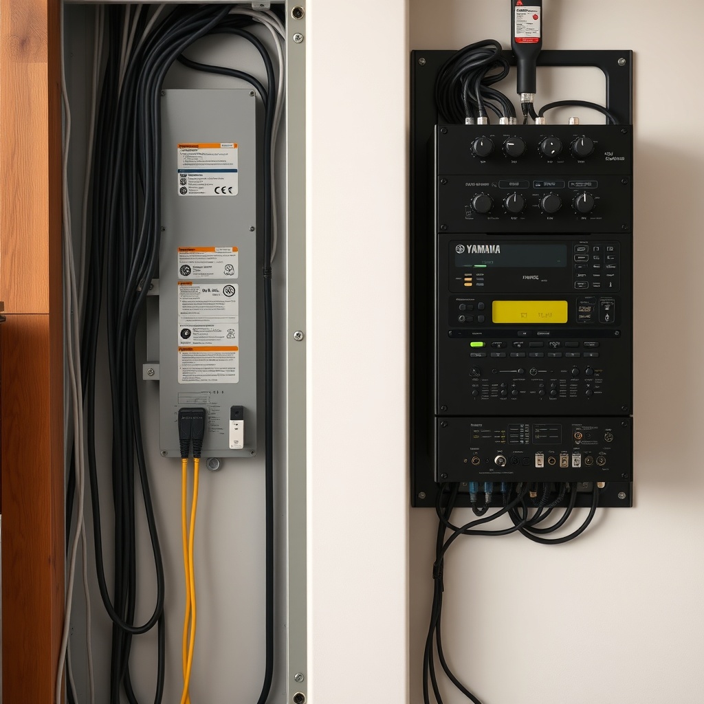 <clean photorealistic photo of Yamaha EF2000iSv2 connected to a home electrical panel with