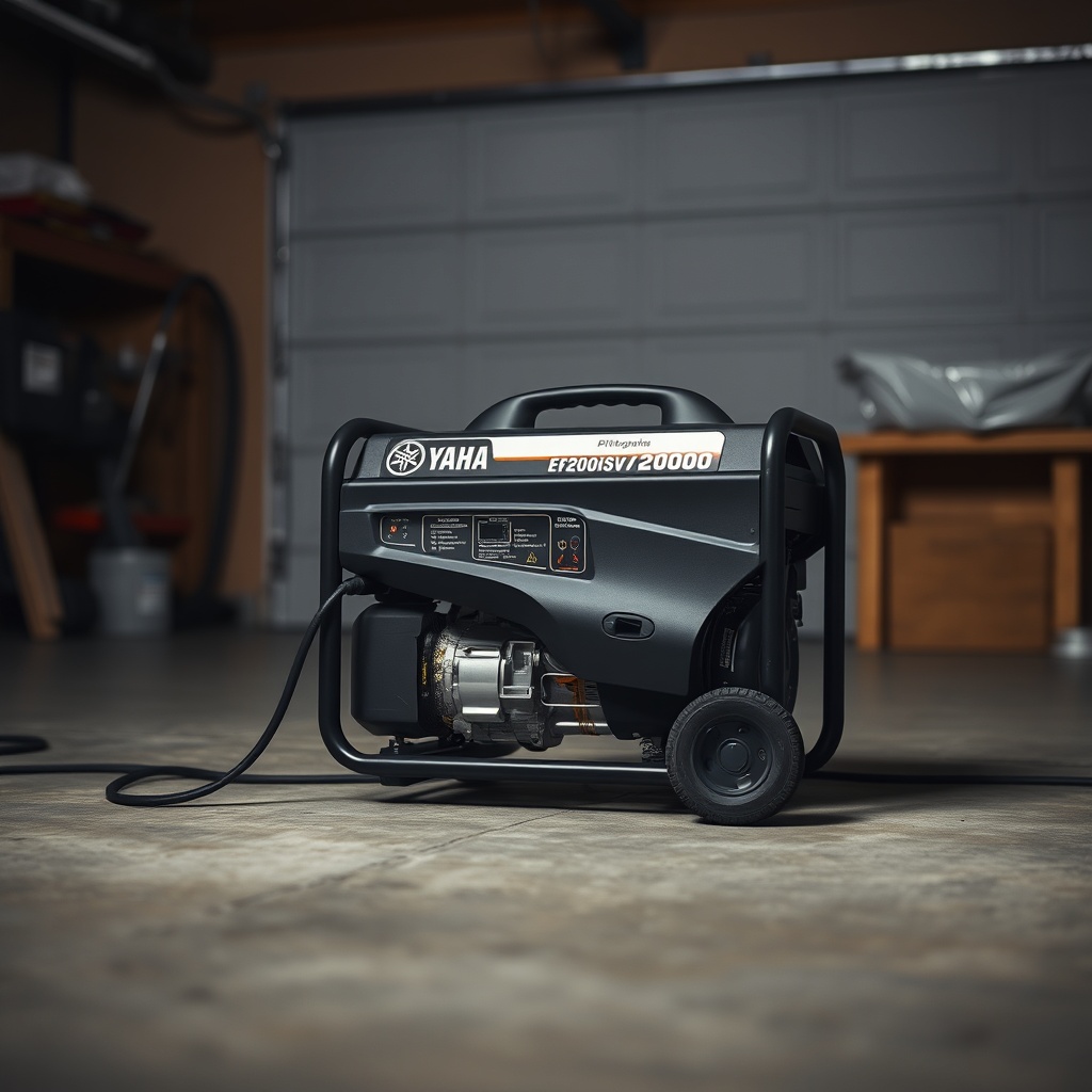 A realistic photo of a Yamaha EF2000iSv2 generator sitting on a concrete floor in a home g