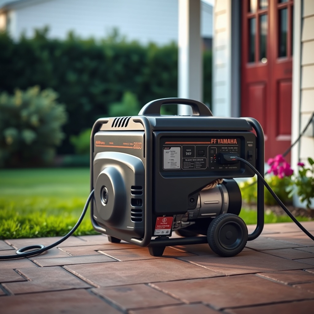 A photorealistic image of a Yamaha EF2000iSv2 generator placed on a patio