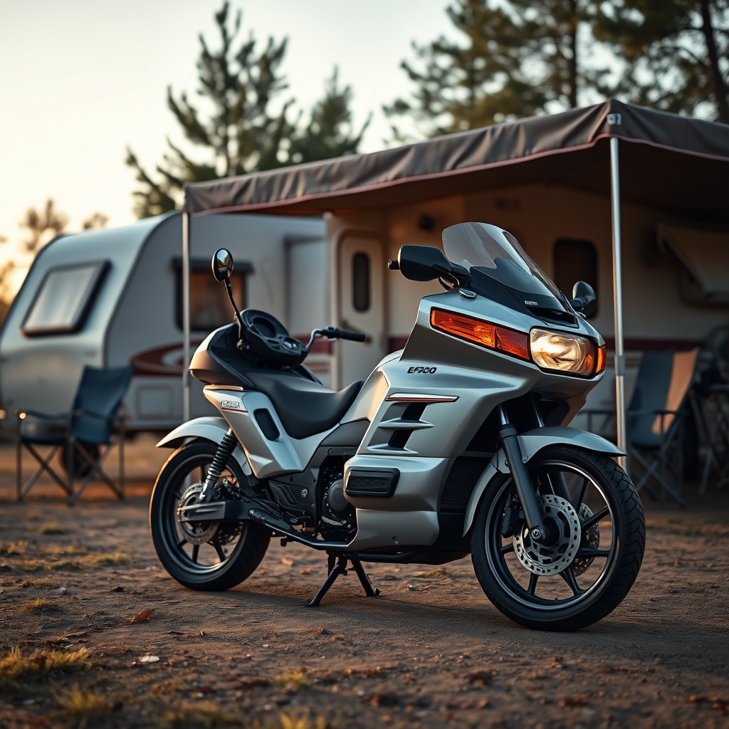 <clean photorealistic photo of Yamaha EF2000iSv2 running quietly in a camping setup