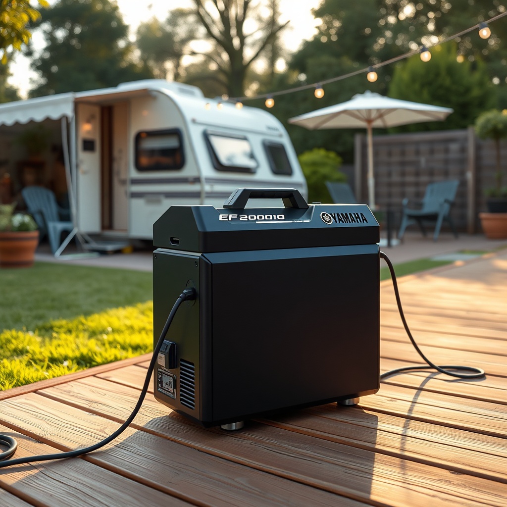 Wide-angle shot of Yamaha EF2000iSv2 placed on a wooden deck in a garden