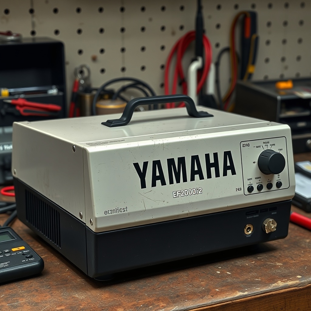 A clean photorealistic photo of a used Yamaha EF2000iSv2 on a workbench
