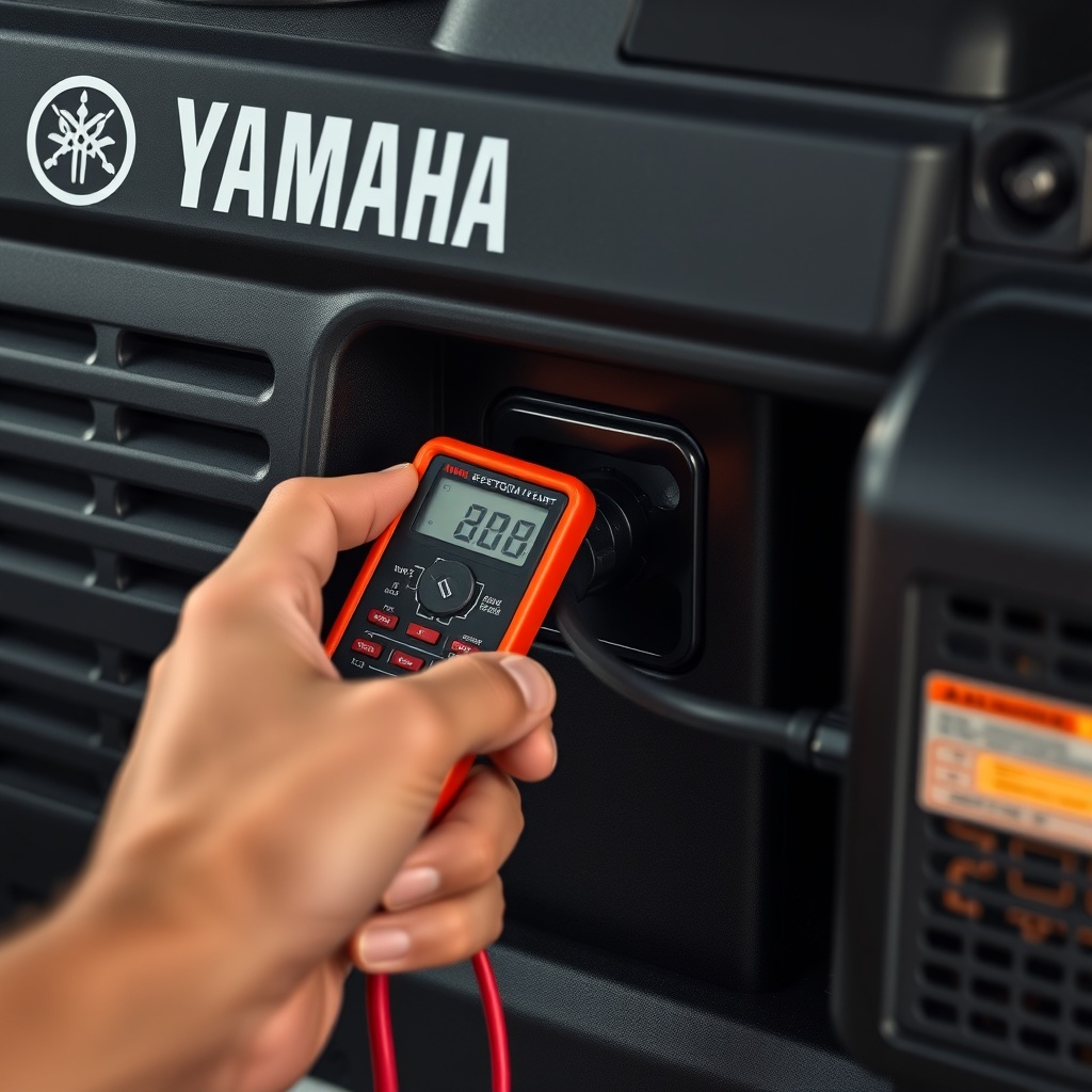 A photorealistic close-up of a hand holding a multimeter probe to an AC outlet on a Yamaha