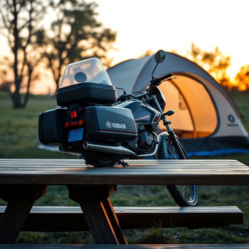 A Yamaha EF2000iSv2 jeneratör sitting on a picnic table near a tent at sunset