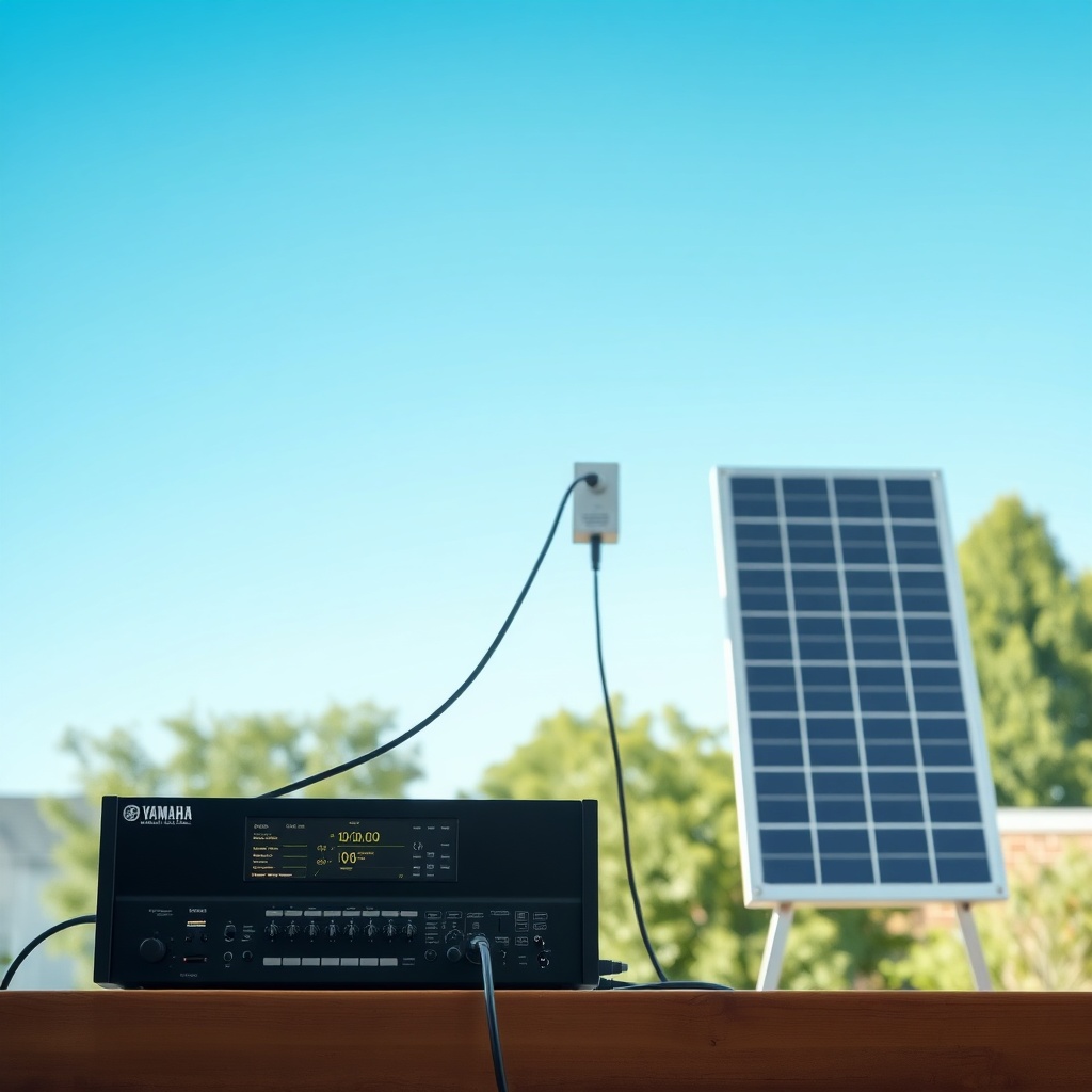 A photorealistic 16:9 photo of a Yamaha EF2000iSv2 connected to a home panel via an extens