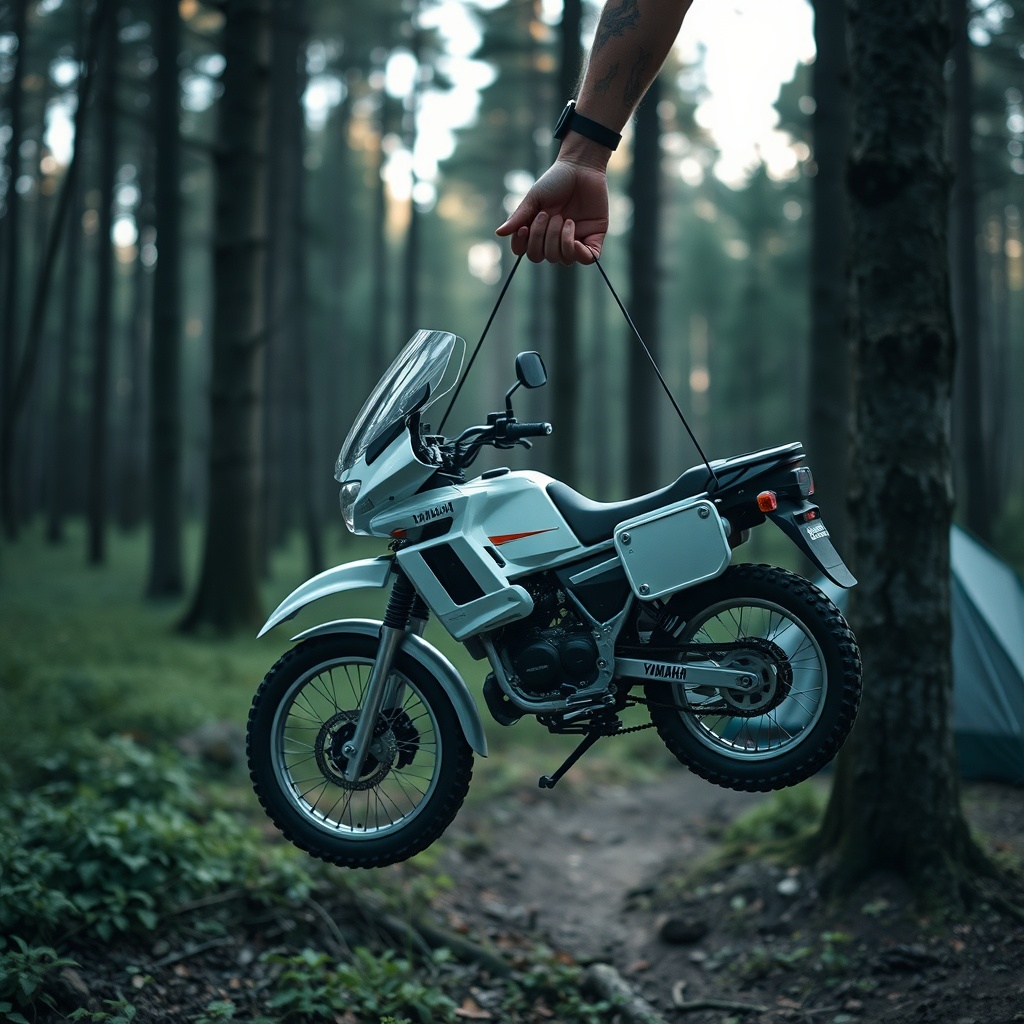 <photorealistic photo of Yamaha EF2000iSv2 being carried by one hand in a forest campsite