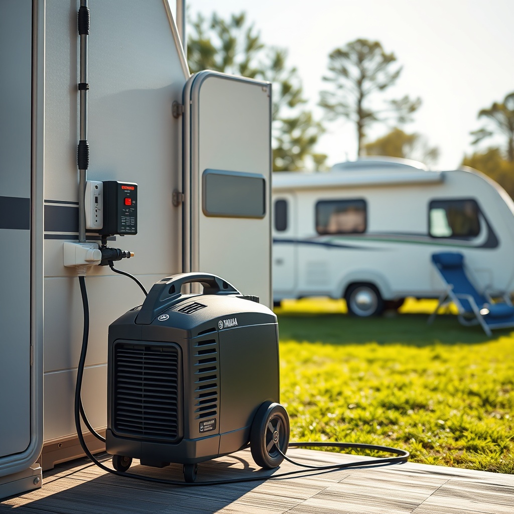 <photorealistic photo of a Yamaha EF2000iSv2 connected to a caravan outlet in a sunny camp