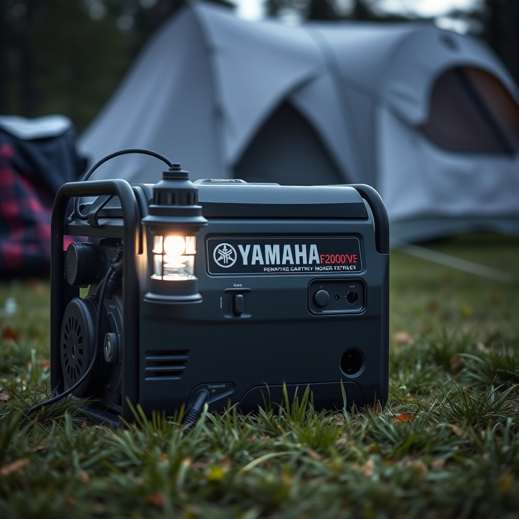 A photorealistic photo of Yamaha EF2000iSv2 generator placed on grassy campsite