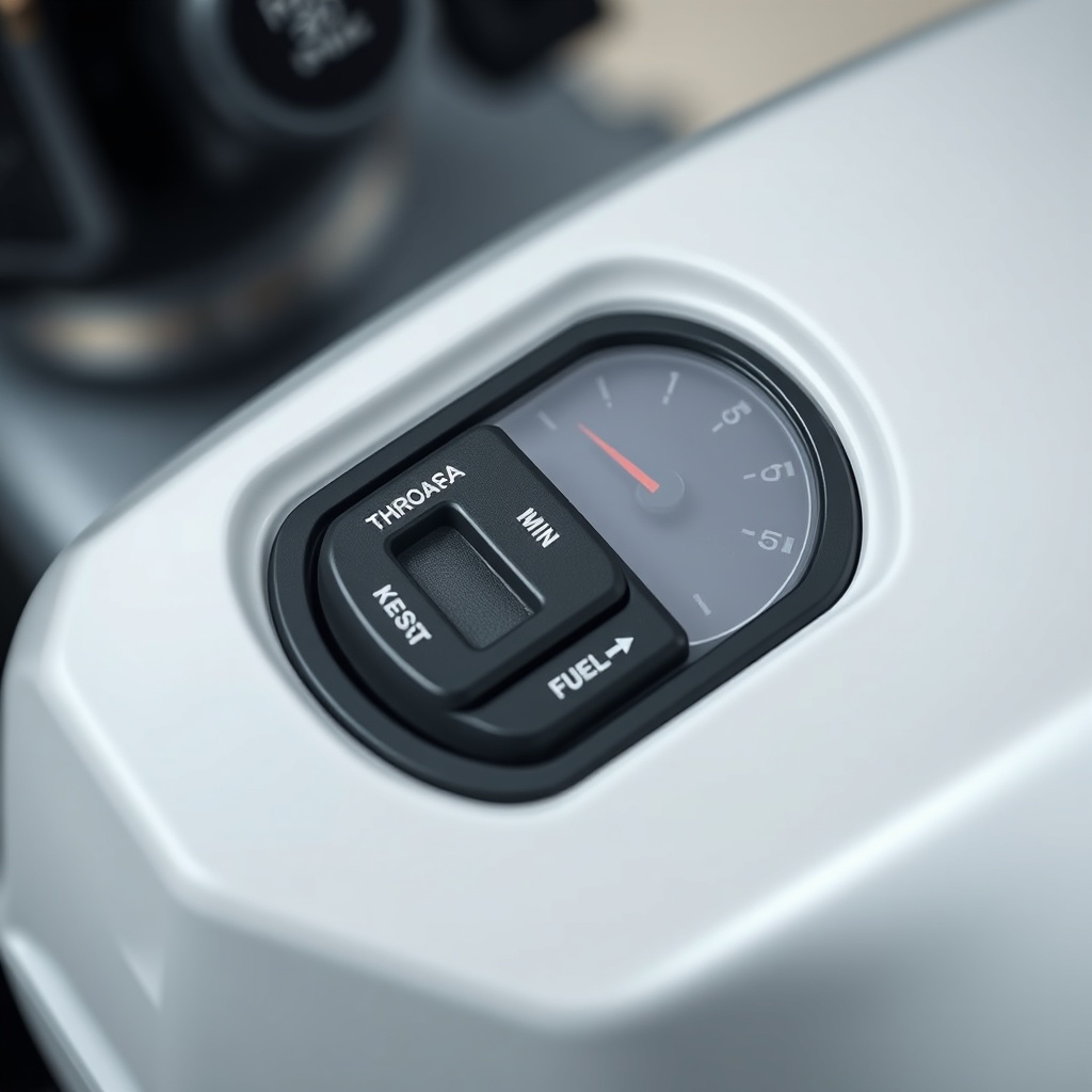 A photorealistic close-up photo of Yamaha EF2000iSv2’s control panel showing the Eco Throt